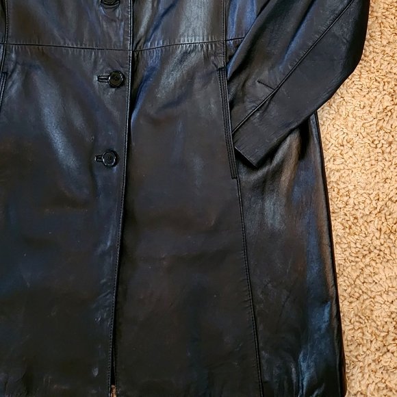 Modern Essentials Black Lambskin Leather Button Front Mid Length Coat Jacket XL - Picture 7 of 10